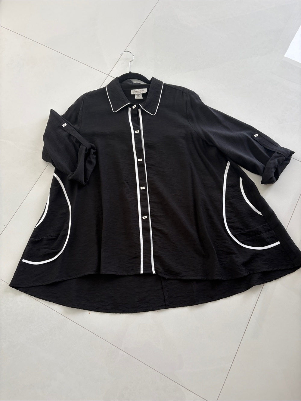 Black Button-Front Shirt with White Piping — Relaxed Women's Top